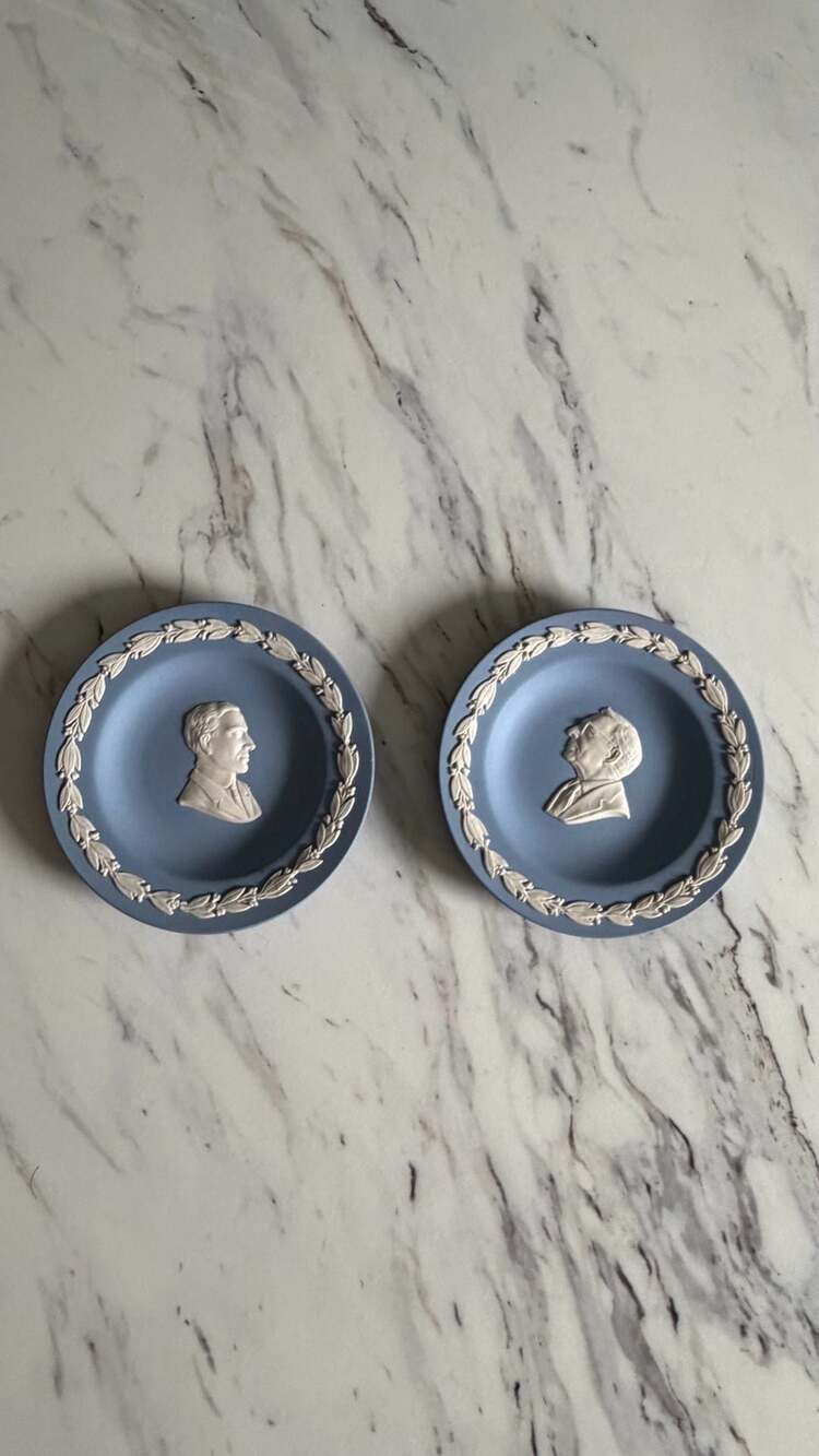 Wedgwood Blue Jasperware Commemorative Portrait Plates Set of 2